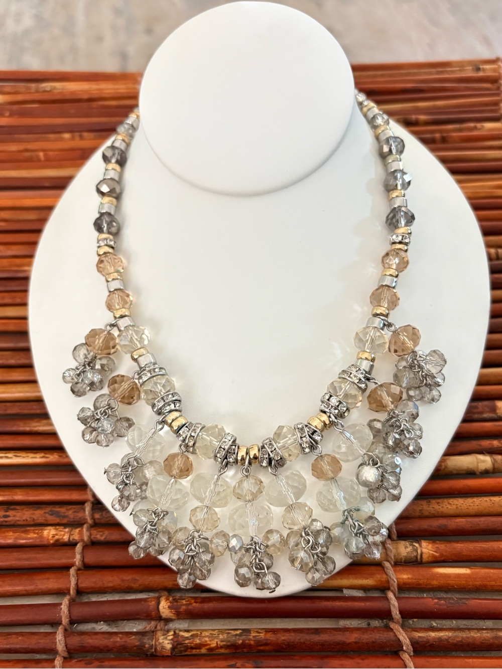 Talbots Champagne, Silver and Clear Cluster Bib Glass Necklace 17”-20”